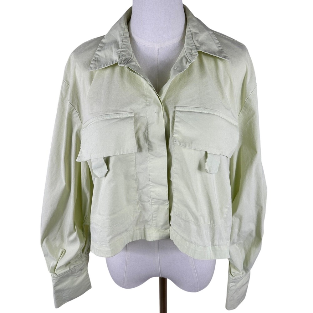 Zara Cropped Utility Shirt Women M Pale Lime Green Oversized Boxy Flap Pockets